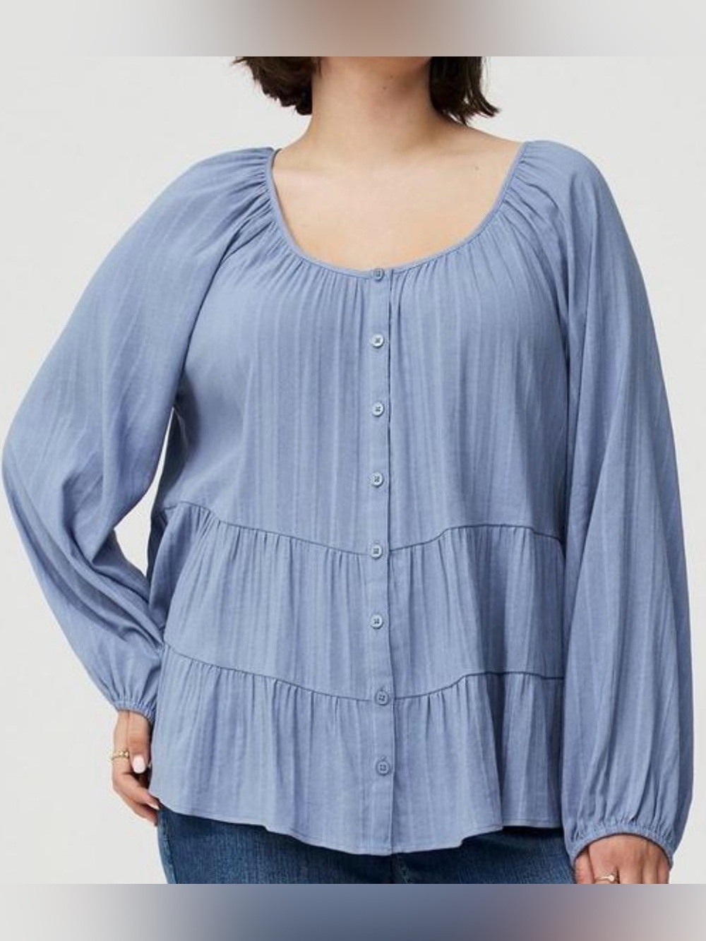 NWT Torrid relaxed button front tiered babydoll top in troposphere, Torrid 1, 1X